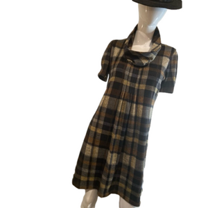 JH~Neutral Plaid~Pleated Front~Cowl Neck~Puff  Sleeve~Fully Lined Dress~Size M